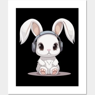 Baby Bunny Rabbit wearing headphones, Cute, Kawaii Posters and Art